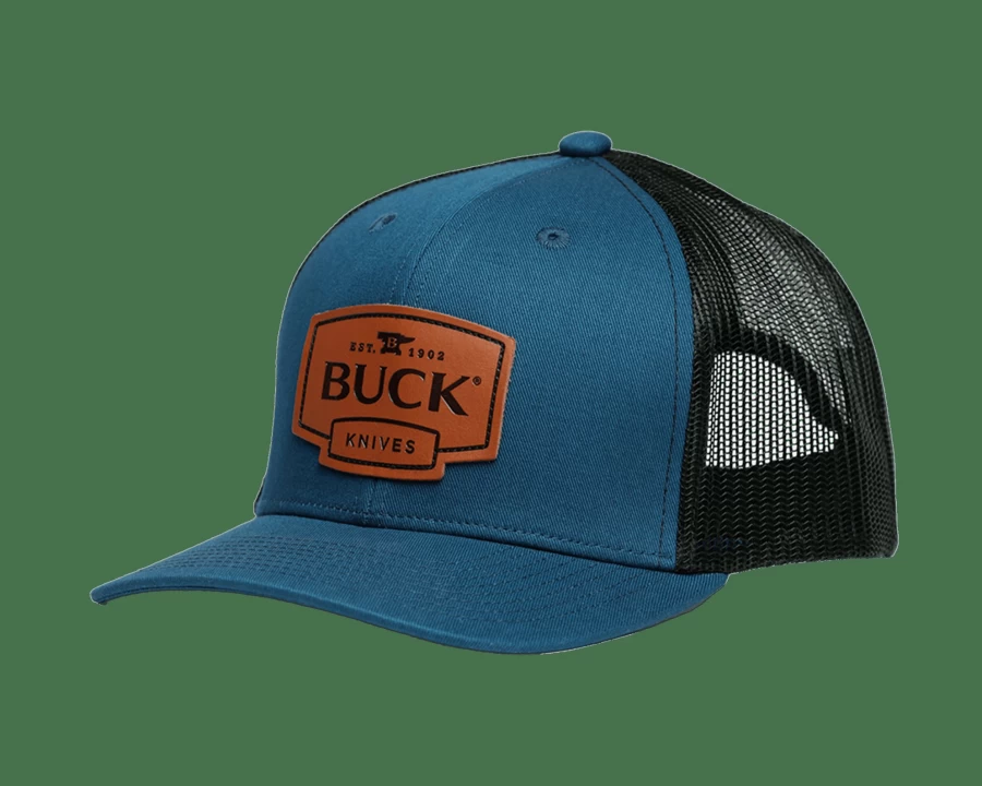 Buck Knives Leather Patch Logo Trucker Hat for Men - Blue Distressed Denim Snapback Cap
