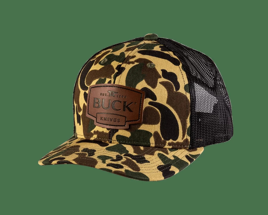 Buck Knives Camo Logo Duck Hunting Trucker Hat for Outdoor Enthusiasts
