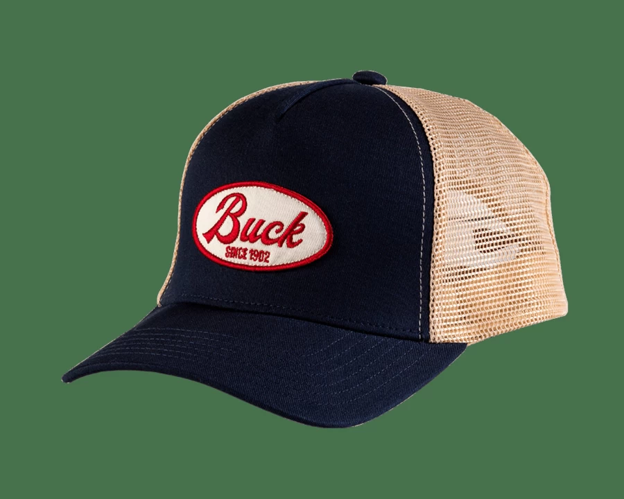 Buck Knives Embroidered Logo Trucker Hat for Men - Blue & Khaki Adjustable Snapback Cap